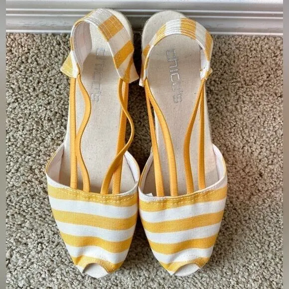 🆕 CHICO'S | Jessa Yellow Striped Espadrille Wedge Sandals | Womens 11