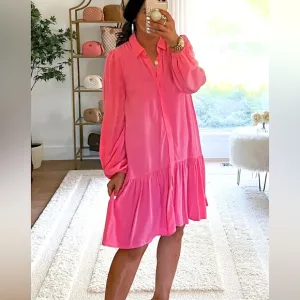 💝 Express Hot Pink Ruffle Hem Dropped Waist Shirt Dress Medium Easter Oversize M