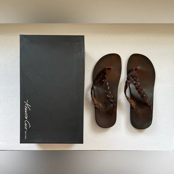 🇮🇹🇮🇹 KENNETH COLE NEW YORK BROWN BRAIDED THONG SANDALS MADE IN ITALY