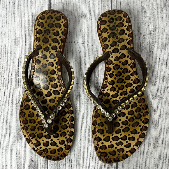 🔹 Mystique Handcrafted Leopard and Rhinestone Kitten Heel Thong Sandals