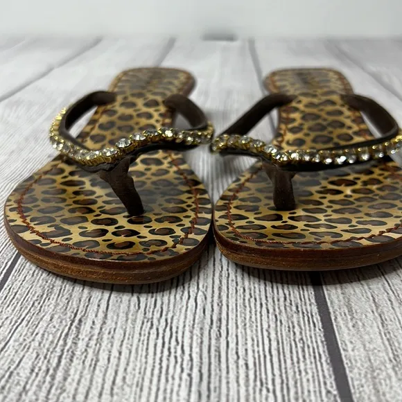 🔹 Mystique Handcrafted Leopard and Rhinestone Kitten Heel Thong Sandals