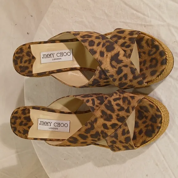 🔥 NWOT Jimmy Choo (London) Leopard Print Espadrille Wedge Sandals.