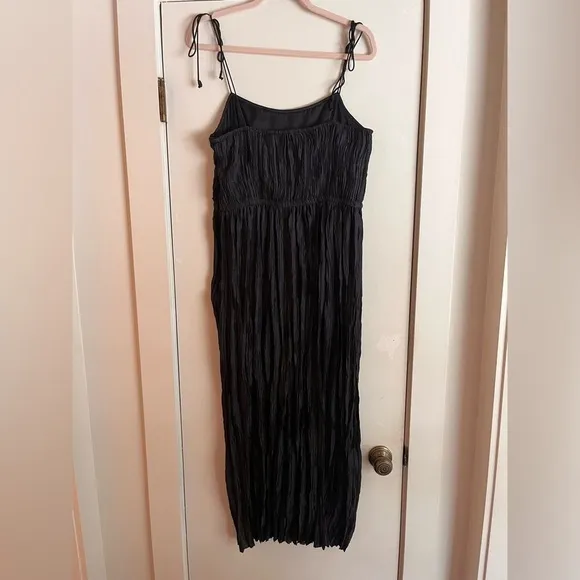 🆕 ULLA JOHNSON Orla Tie-Shoulder Plissé Midi Dress Black Size 10