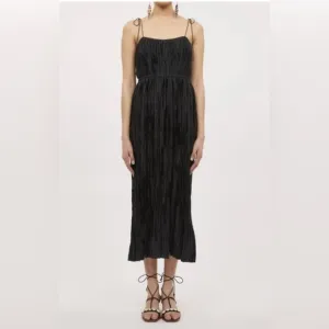 🆕 ULLA JOHNSON Orla Tie-Shoulder Plissé Midi Dress Black Size 10