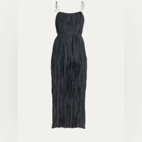 🆕 ULLA JOHNSON Orla Tie-Shoulder Plissé Midi Dress Black Size 10