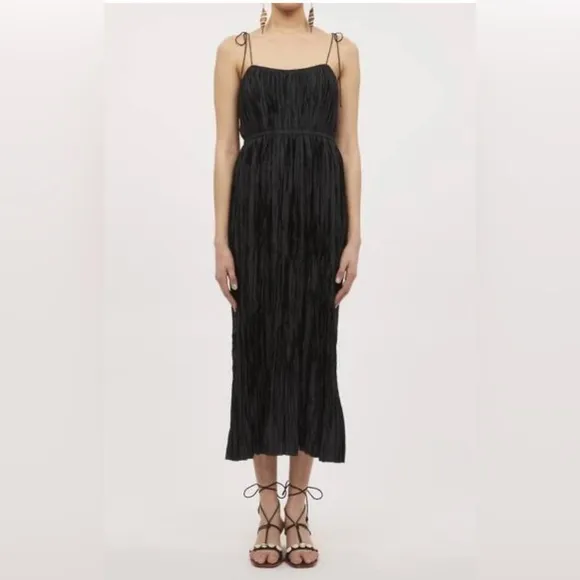 🆕 ULLA JOHNSON Orla Tie-Shoulder Plissé Midi Dress Black Size 10