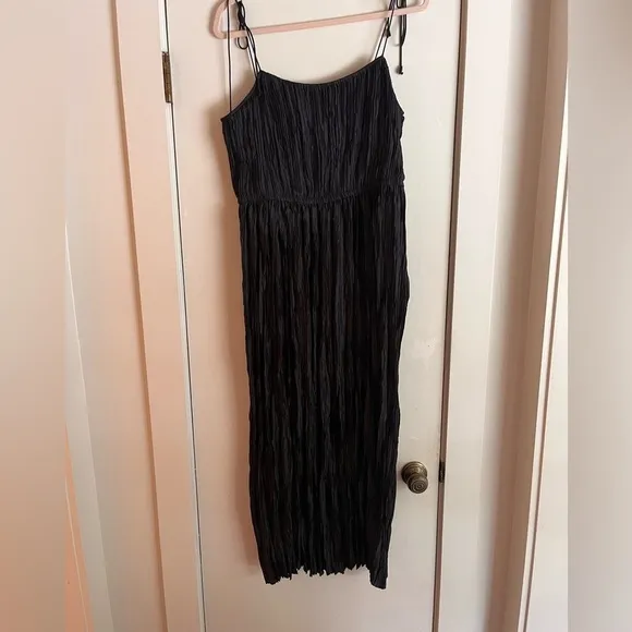 🆕 ULLA JOHNSON Orla Tie-Shoulder Plissé Midi Dress Black Size 10