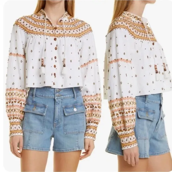 🆕 Veronica Beard Fernanda Embellished Beaded Linen Blend Crop Jacket Sz L