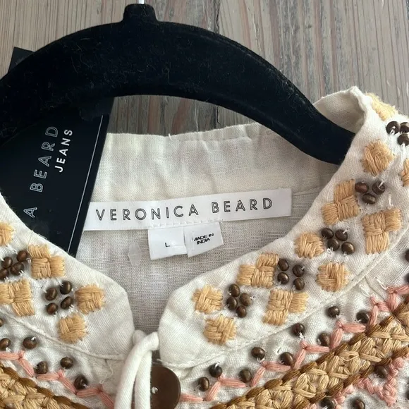 🆕 Veronica Beard Fernanda Embellished Beaded Linen Blend Crop Jacket Sz L