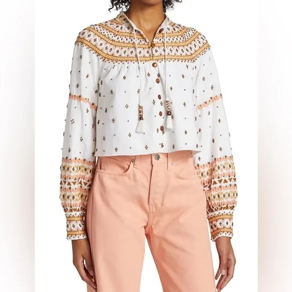 🆕 Veronica Beard Fernanda Embellished Beaded Linen Blend Crop Jacket Sz L