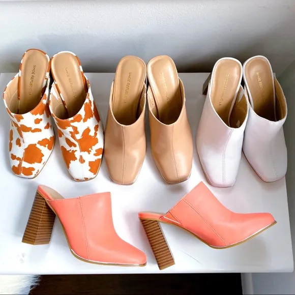👡 WHITE FAUX LEATHER STITCHED CHUNKY HEEL MULES!
