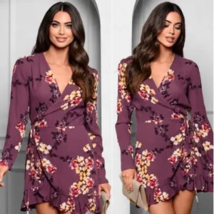 (10)New Plum Orchid Floral Women Spring Long Sleeves Pretty Surplice Wrap Dress