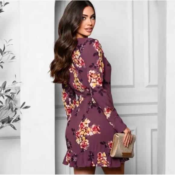 (10)New Plum Orchid Floral Women Spring Long Sleeves Pretty Surplice Wrap Dress