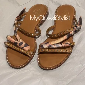 $210 ASH Gold Studded Leather Sandals 39 8.5 9 Silk Scarf Wrapped flat gladiator