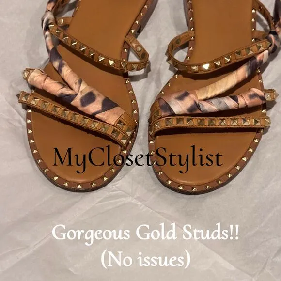 $210 ASH Gold Studded Leather Sandals 39 8.5 9 Silk Scarf Wrapped flat gladiator