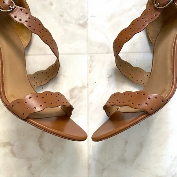$210 Sezane High Rita Brown Laser Cut Strap Leather Sandals Heels size 10