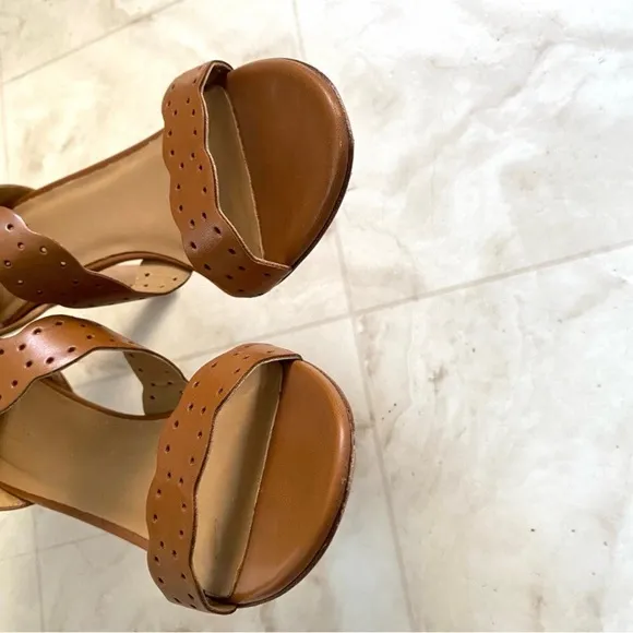 $210 Sezane High Rita Brown Laser Cut Strap Leather Sandals Heels size 10