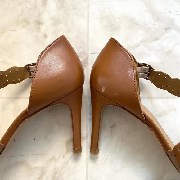 $210 Sezane High Rita Brown Laser Cut Strap Leather Sandals Heels size 10