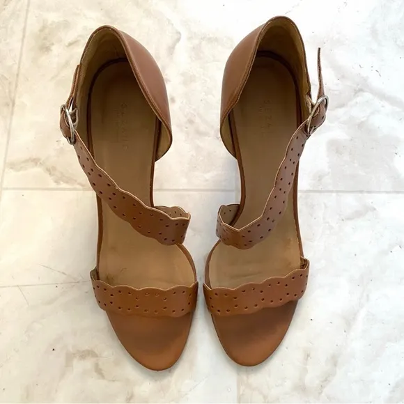 $210 Sezane High Rita Brown Laser Cut Strap Leather Sandals Heels size 10
