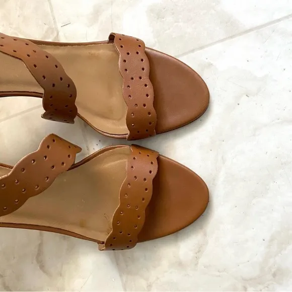 $210 Sezane High Rita Brown Laser Cut Strap Leather Sandals Heels size 10