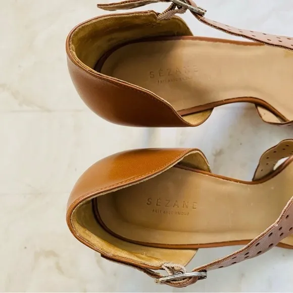 $210 Sezane High Rita Brown Laser Cut Strap Leather Sandals Heels size 10