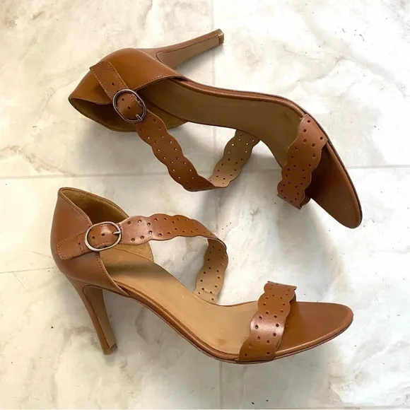 $210 Sezane High Rita Brown Laser Cut Strap Leather Sandals Heels size 10