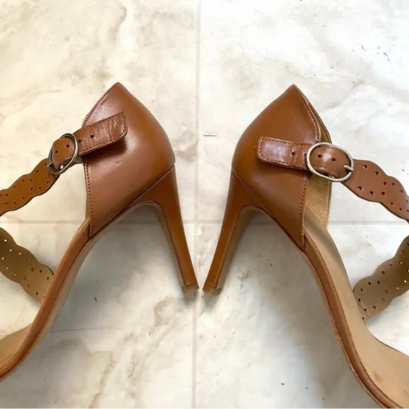 $210 Sezane High Rita Brown Laser Cut Strap Leather Sandals Heels size 10