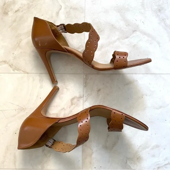 $210 Sezane High Rita Brown Laser Cut Strap Leather Sandals Heels size 10