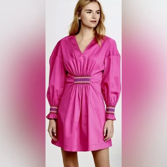$395 Derek Lam 10 Crosby Katerina Dress Smocking Detail Size 4 Vibrant PINK