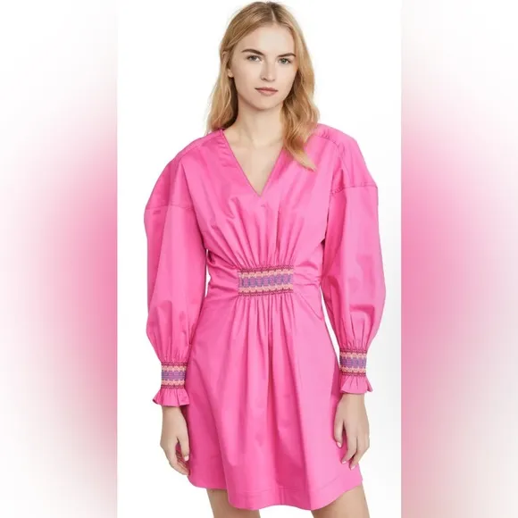 $395 Derek Lam 10 Crosby Katerina Dress Smocking Detail Size 4 Vibrant PINK