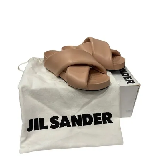 $590 Jil Sander Tan Cross Thick Strapped Slide on Sandals sz 8 EU 38