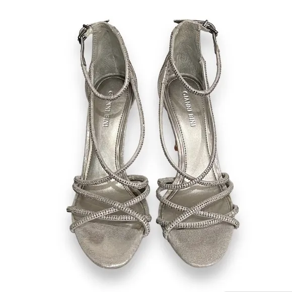 #65 Gianni Bini bejeweled silver pewter strappy sandals4”heels, size 7.Worn once