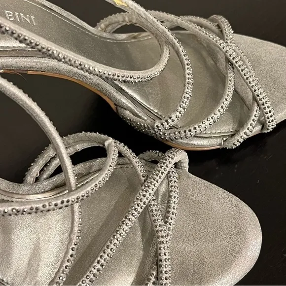 #65 Gianni Bini bejeweled silver pewter strappy sandals4”heels, size 7.Worn once