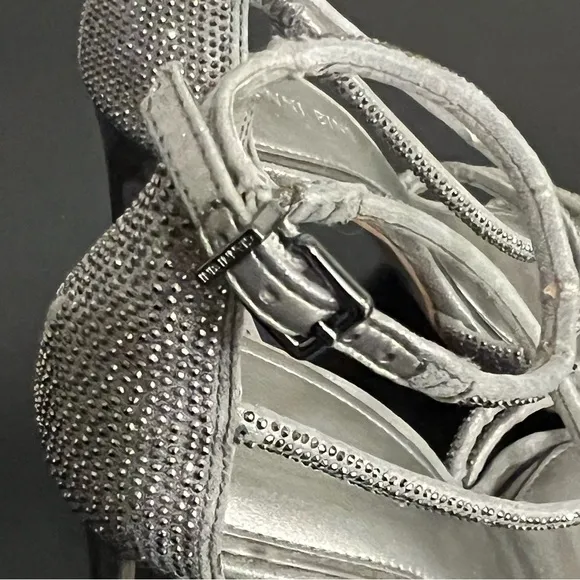 #65 Gianni Bini bejeweled silver pewter strappy sandals4”heels, size 7.Worn once