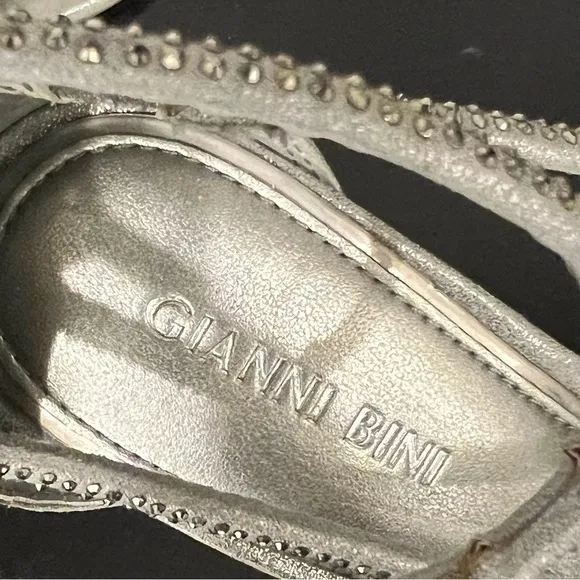 #65 Gianni Bini bejeweled silver pewter strappy sandals4”heels, size 7.Worn once