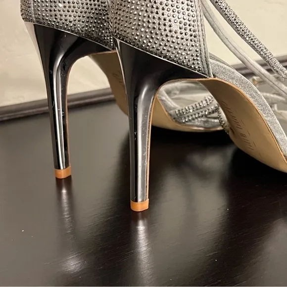#65 Gianni Bini bejeweled silver pewter strappy sandals4”heels, size 7.Worn once