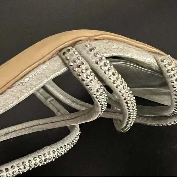 #65 Gianni Bini bejeweled silver pewter strappy sandals4”heels, size 7.Worn once