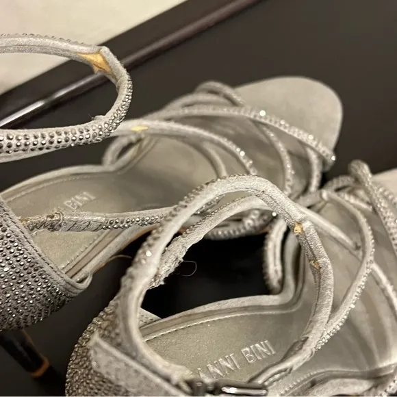 #65 Gianni Bini bejeweled silver pewter strappy sandals4”heels, size 7.Worn once
