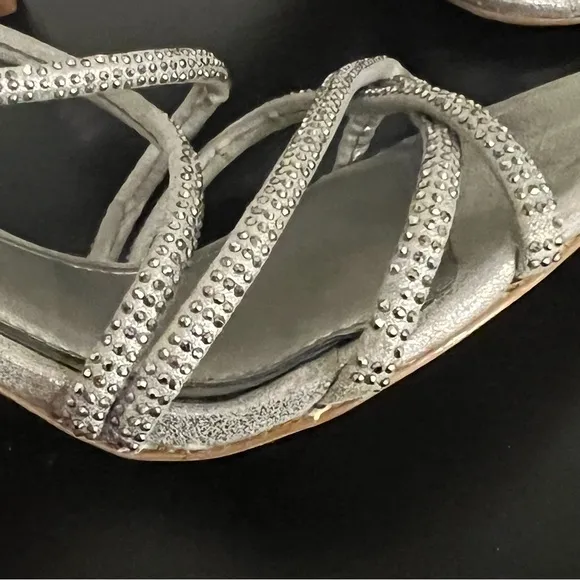 #65 Gianni Bini bejeweled silver pewter strappy sandals4”heels, size 7.Worn once