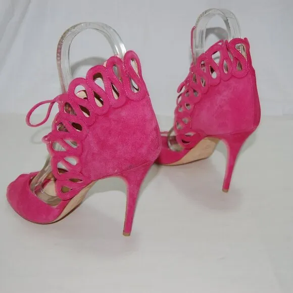 $900❤️39/8.5 Monique Lhuillier Suede High Heels GLADIATOR SANDALS BOOTS ITALY