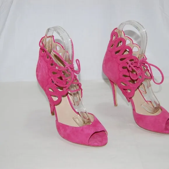 $900❤️39/8.5 Monique Lhuillier Suede High Heels GLADIATOR SANDALS BOOTS ITALY