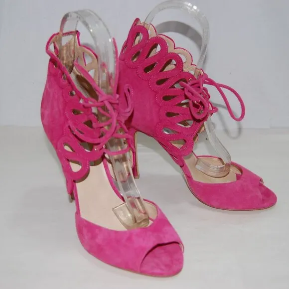 $900❤️39/8.5 Monique Lhuillier Suede High Heels GLADIATOR SANDALS BOOTS ITALY