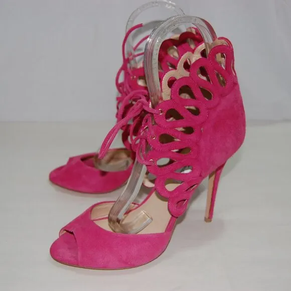 $900❤️39/8.5 Monique Lhuillier Suede High Heels GLADIATOR SANDALS BOOTS ITALY