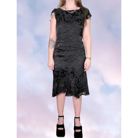 90s Vintage NWT Black Frilly Whimsy Goth Adrianna Papell 2 Piece Floral Set