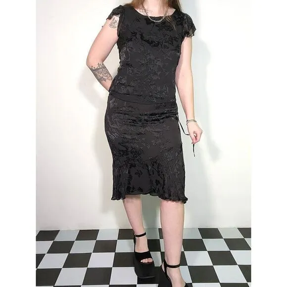 90s Vintage NWT Black Frilly Whimsy Goth Adrianna Papell 2 Piece Floral Set