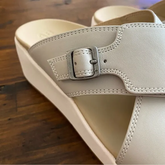 Abeo Womens 9 Solstice Leather Cross Wedge Sandal Beige Metatarsal Footbed