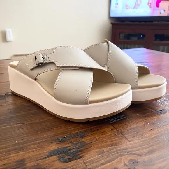Abeo Womens 9 Solstice Leather Cross Wedge Sandal Beige Metatarsal Footbed