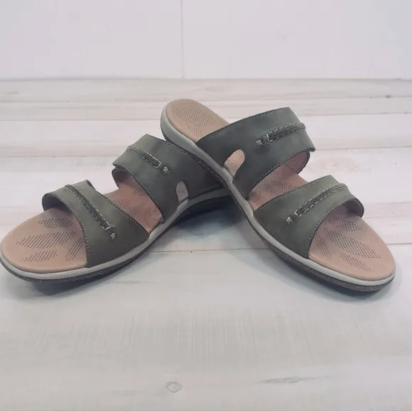 Acorn C2G Lite Slide Loden Green Leather Adjustable Strap Sandals, Sz 11W