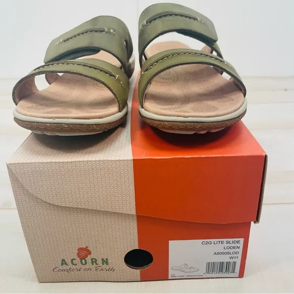 Acorn C2G Lite Slide Loden Green Leather Adjustable Strap Sandals, Sz 11W