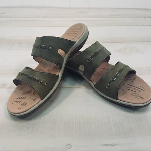 Acorn C2G Lite Slide Loden Green Leather Adjustable Strap Sandals, Sz 11W